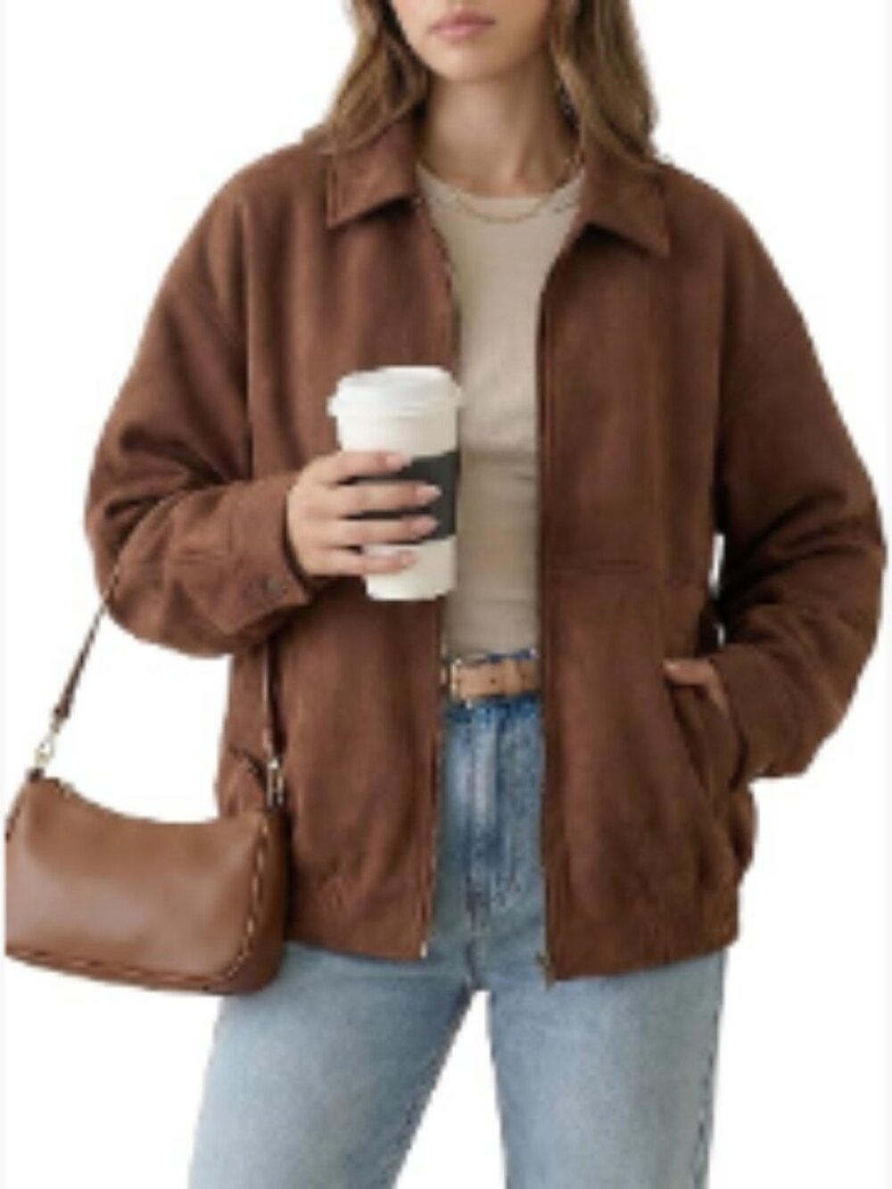 Faux Suede Bomber Jacket Women Oversized Zip Up Casual Outerwear